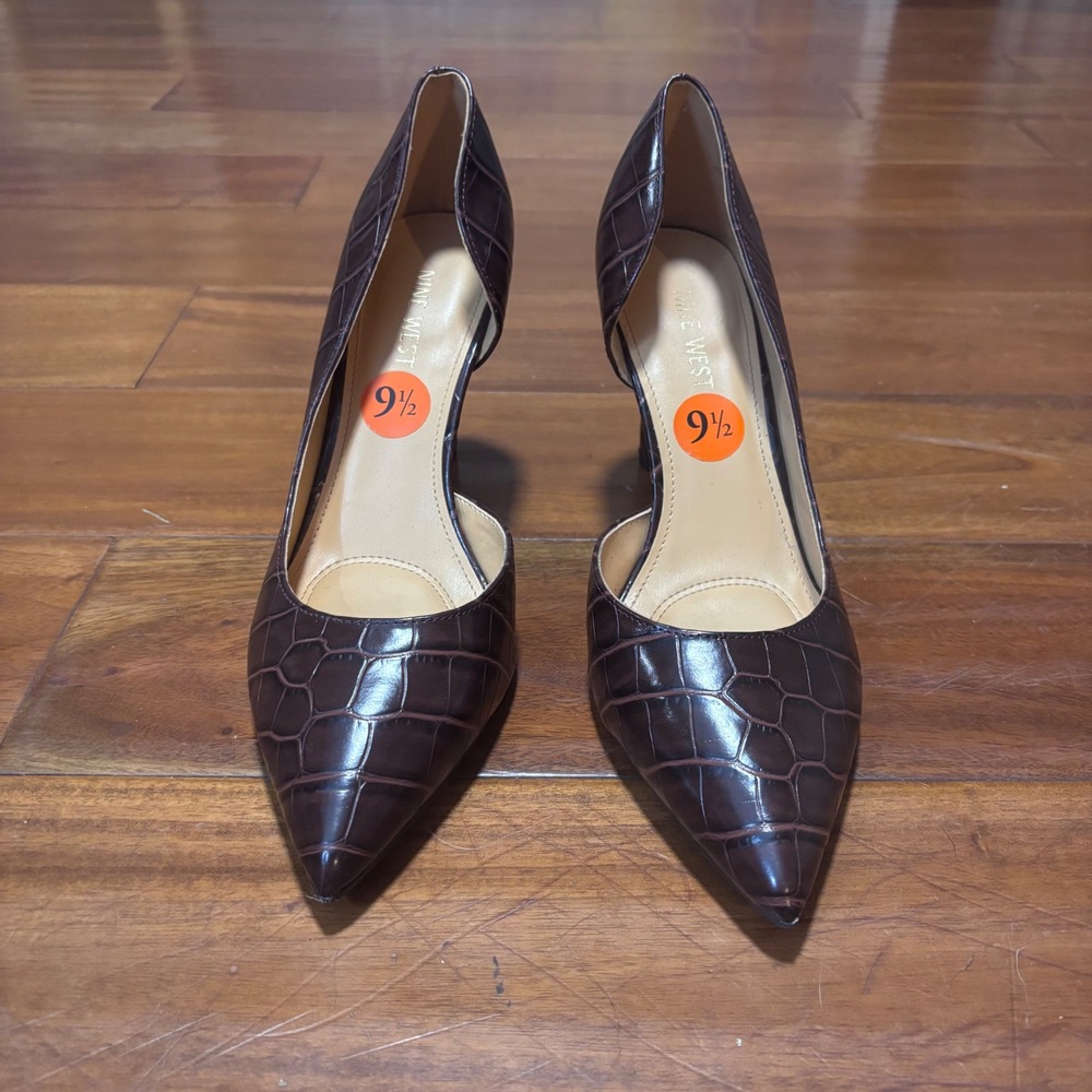 Nine West‎ Croc Embossed Brown Heels Pointed Toe D'Orsay Classic Pumps|Sz 9.5